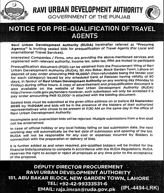 Ravi Urban Development Authority Lahore Tender Notice